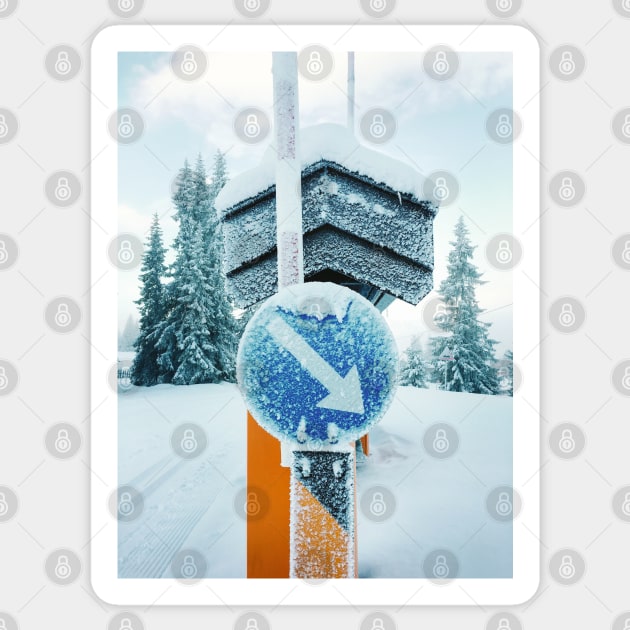 Snow-Covered Traffic Sign in Frozen Winter Landscape in Scandinavia Sticker by visualspectrum